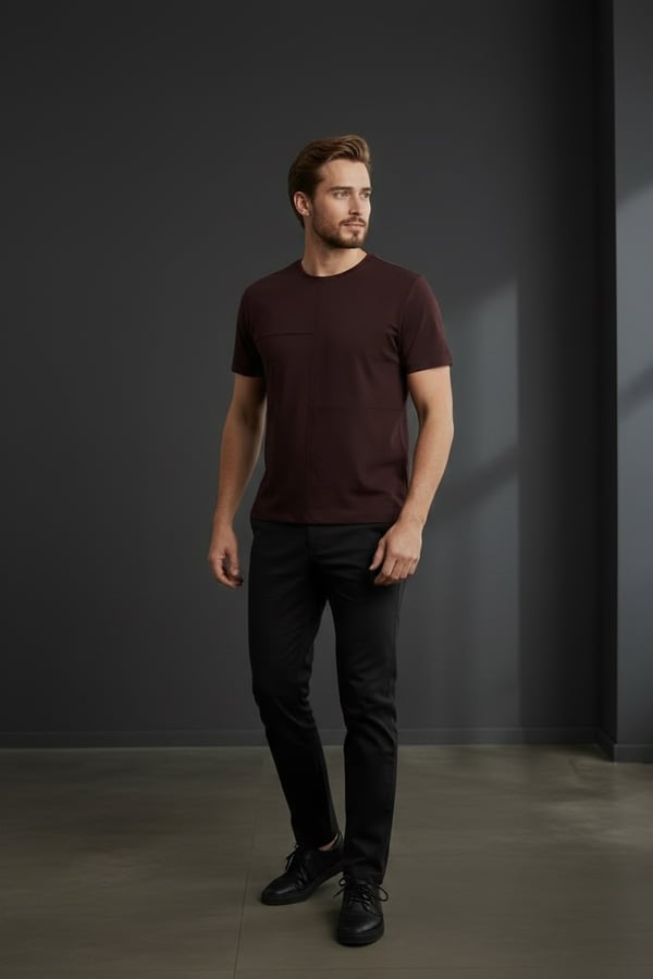 Erkek Bordo Oversize Bisiklet Yaka Normal ve Battal Beden T-Shirt - 172