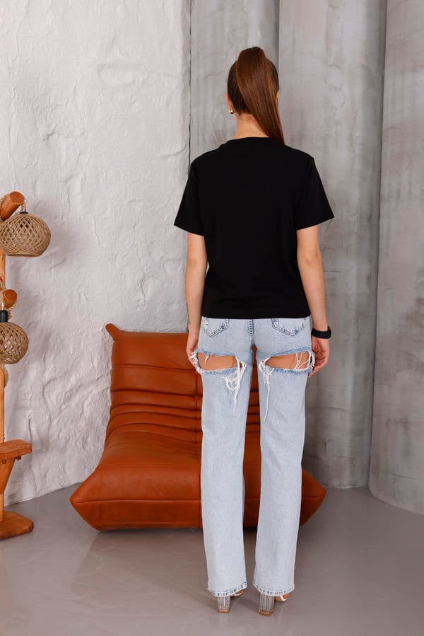 Kadın Siyah Bisiklet Yaka Basic T-shirt - 168