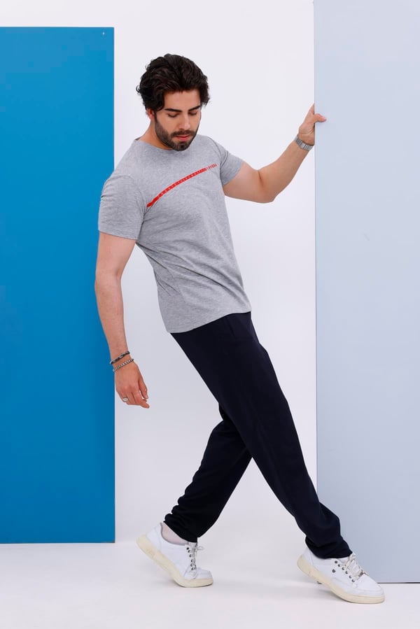 Erkek Battal Beden Amerikan Pike Kumaş Gri Bisiklet Yaka T-shirt Alt-üst Takımı - 133