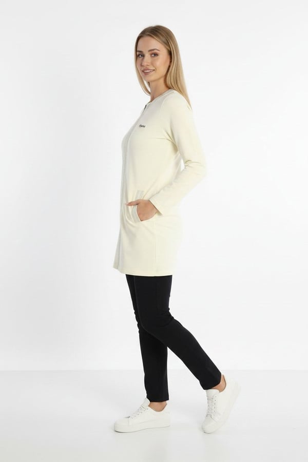 Kadın Ekru İki İplik Cepli Bisiklet Yaka Taşlı Boncuklu Fermuarlı Tunik Eşofman TakımıTakım - 74611
