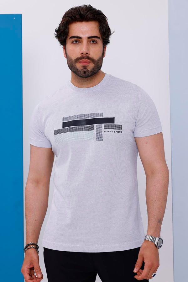 Erkek Beyaz Bisiklet Yaka Baskılı T-shirt - 170
