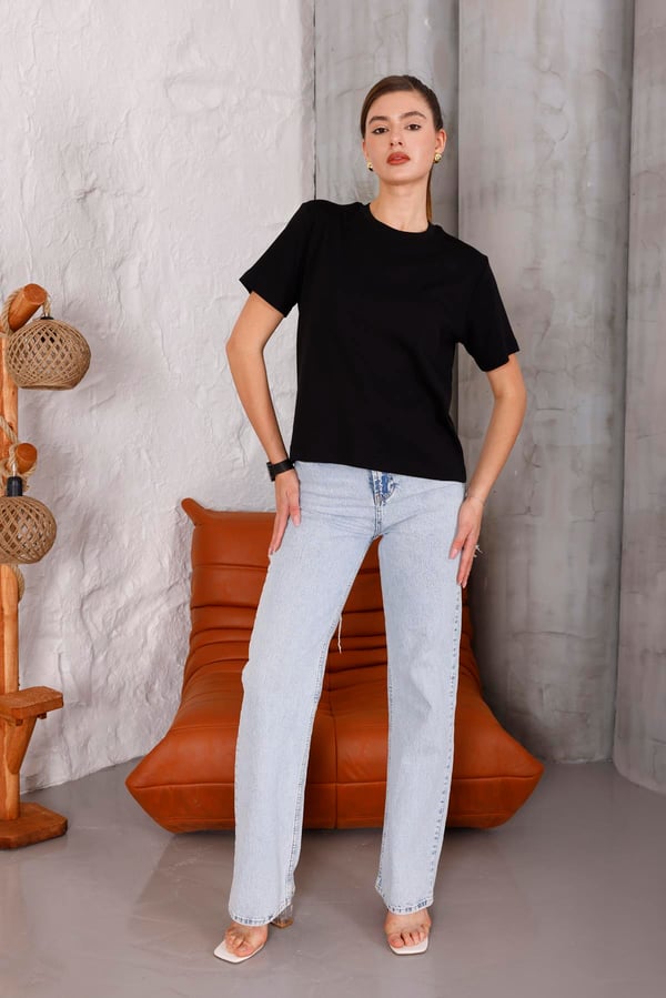 Kadın Siyah Bisiklet Yaka Basic T-shirt - 168