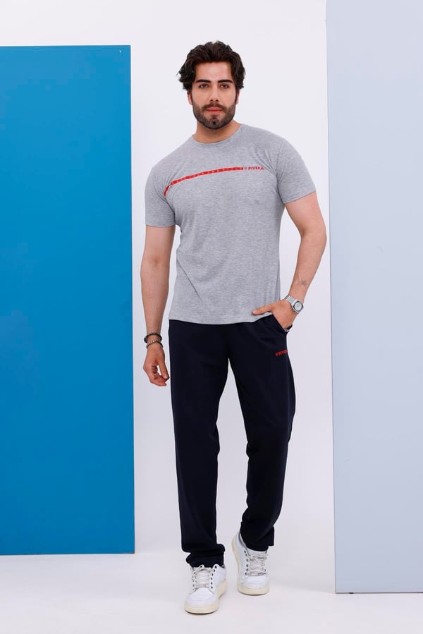 Erkek Battal Beden Amerikan Pike Kumaş Gri Bisiklet Yaka T-shirt Alt-üst Takımı - 133