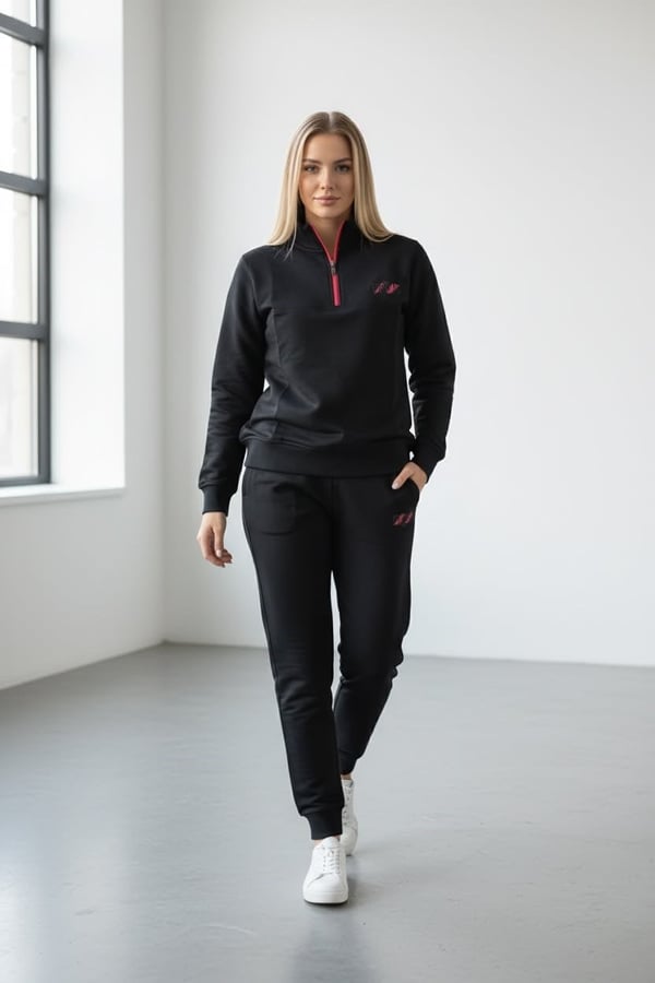 Kadın Siyah İki İplik Lastikli Paça Fermuar Yakalı Uzun Kol Sweatshirt Eşofman Takım - 7648