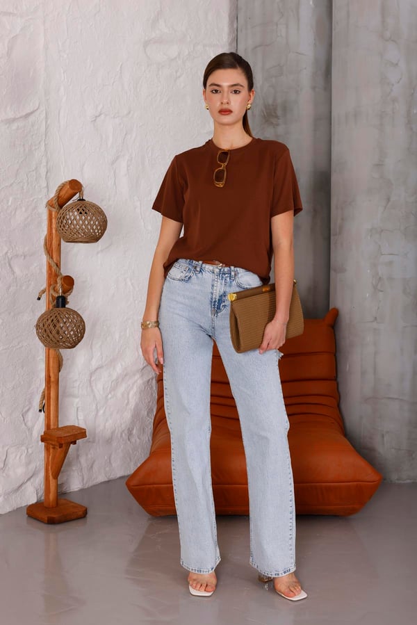Kadın Kahverengi Bisiklet Yaka Basic T-shirt - 168