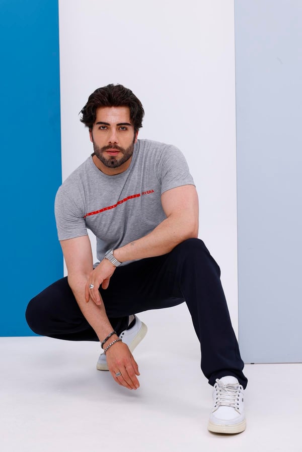 Erkek Battal Beden Amerikan Pike Kumaş Gri Bisiklet Yaka T-shirt Alt-üst Takımı - 133