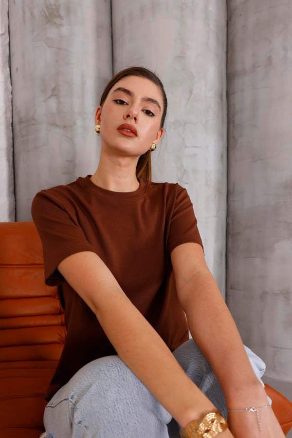 Kadın Kahverengi Bisiklet Yaka Basic T-shirt - 168
