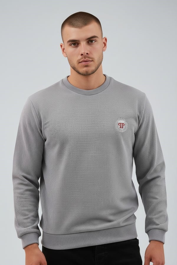 Erkek Gri Mare Jaker Kumaş Bisiklet Yaka Sweatshirt - 76566