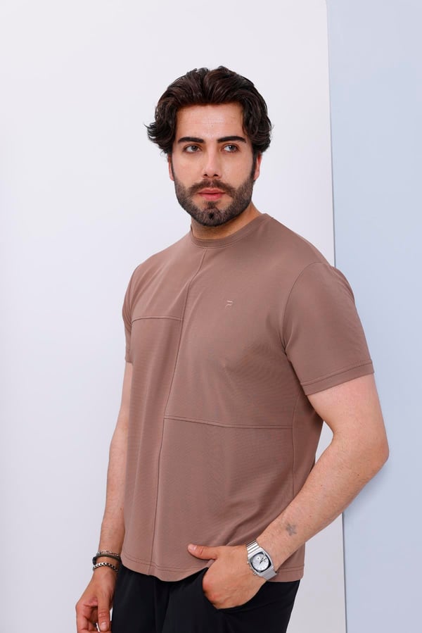Erkek Kahverengi Bisiklet Yaka Normal ve Battal Beden T-Shirt - 172