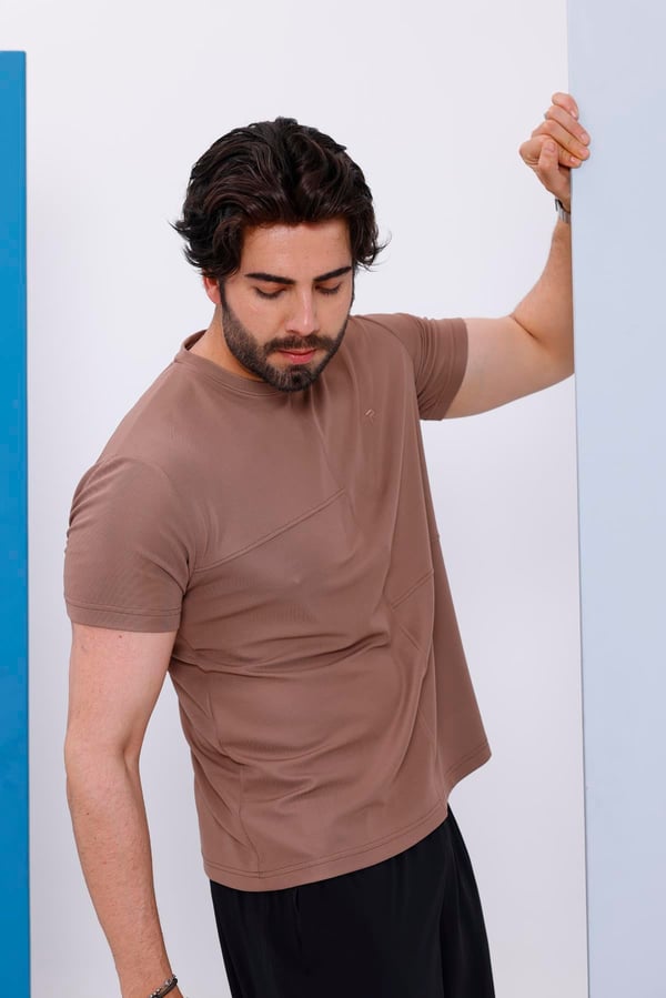 Erkek Kahverengi Bisiklet Yaka Normal ve Battal Beden T-Shirt - 172