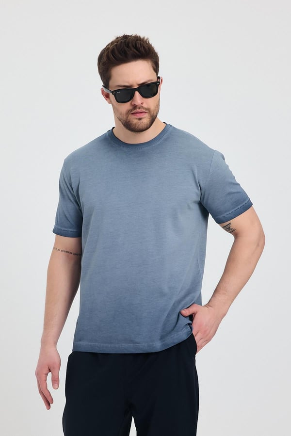 Erkek Lacivert Bisiklet Yaka Yıkamalı Basic T-shirt - 165
