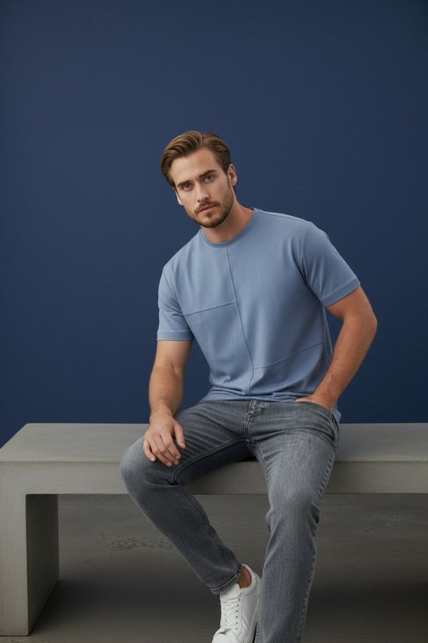 Erkek Mavi Oversize Bisiklet Yaka Normal ve Battal Beden T-Shirt - 172