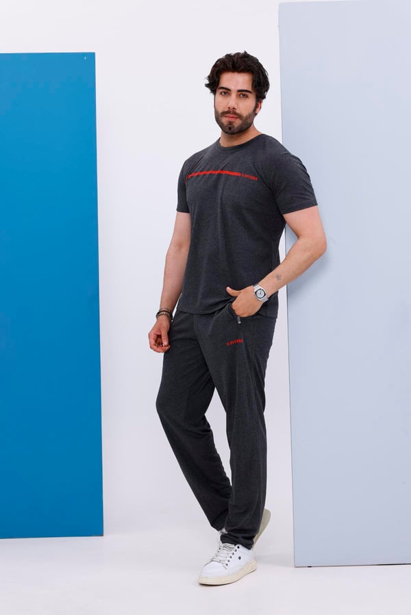 Erkek Battal Beden Amerikan Pike Kumaş Antrasit Bisiklet Yaka T-shirt Alt-üst Takımı - 133