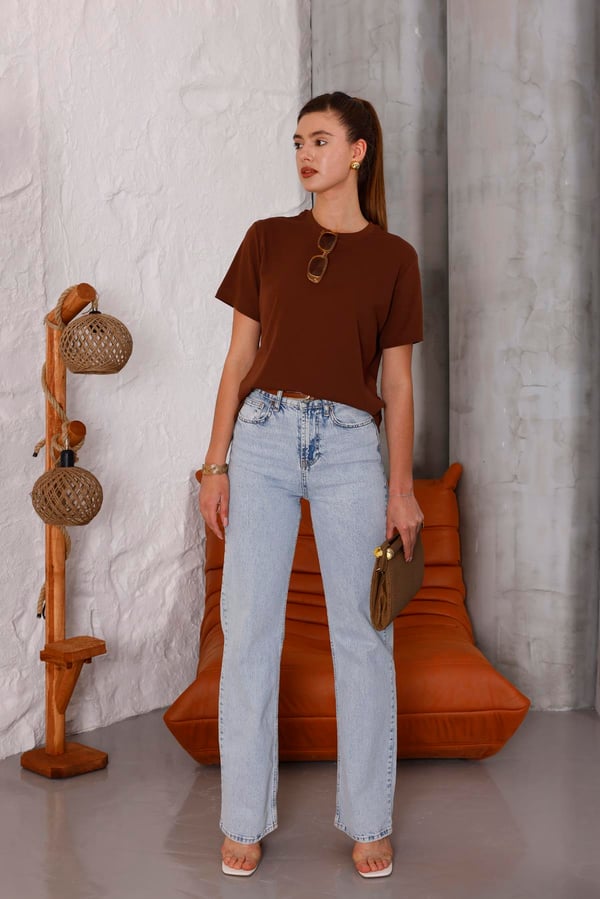 Kadın Kahverengi Bisiklet Yaka Basic T-shirt - 168