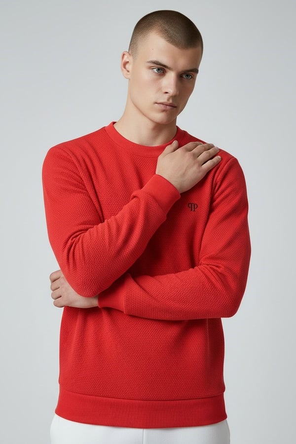 Erkek Kırmızı Mare Jaker Kumaş Bisiklet Yaka Sweatshirt - 76566