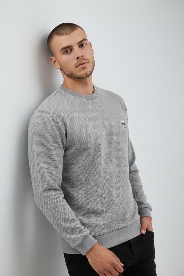 Erkek Gri Mare Jaker Kumaş Bisiklet Yaka Sweatshirt - 76566