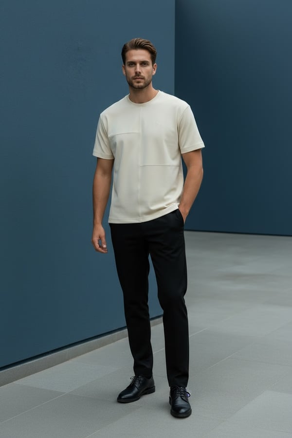 Erkek Bej Oversize Bisiklet Yaka Normal ve Battal Beden T-Shirt - 172