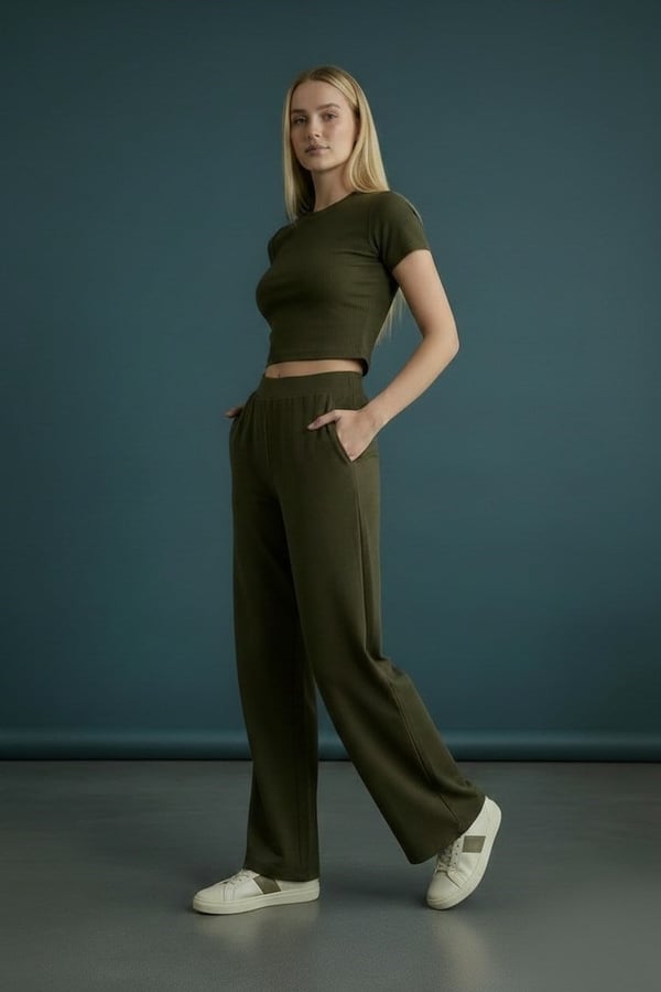 Kadın Kaşkorse Kumaş Bisiklet Yaka Haki Crop Tişört - 2004
