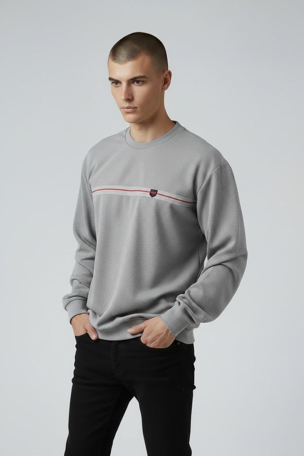 Erkek Gri Mare Jaker Kumaş Bisiklet Yaka Sweatshirt - 76577
