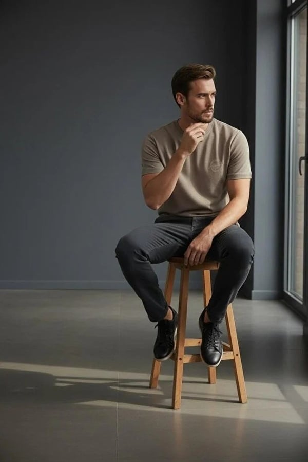 Erkek Basic Tişört Slim Fit Bisiklet Yaka Pamuklu Rahat Günlük T-Shirt Kahve-179