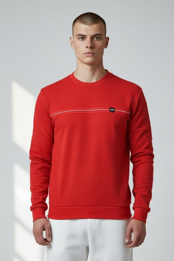 Erkek Kırmızı Mare Jaker Kumaş Bisiklet Yaka Sweatshirt - 76577