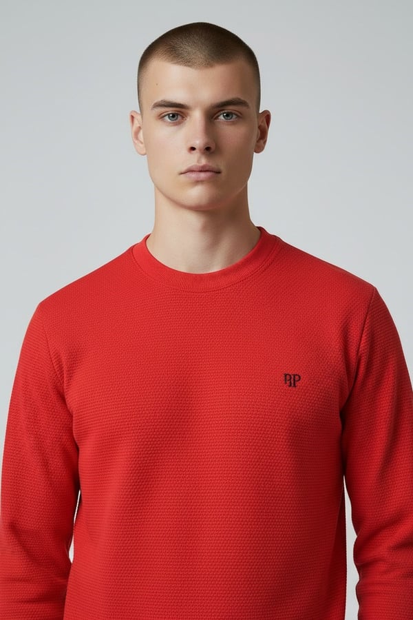 Erkek Kırmızı Mare Jaker Kumaş Bisiklet Yaka Sweatshirt - 76566