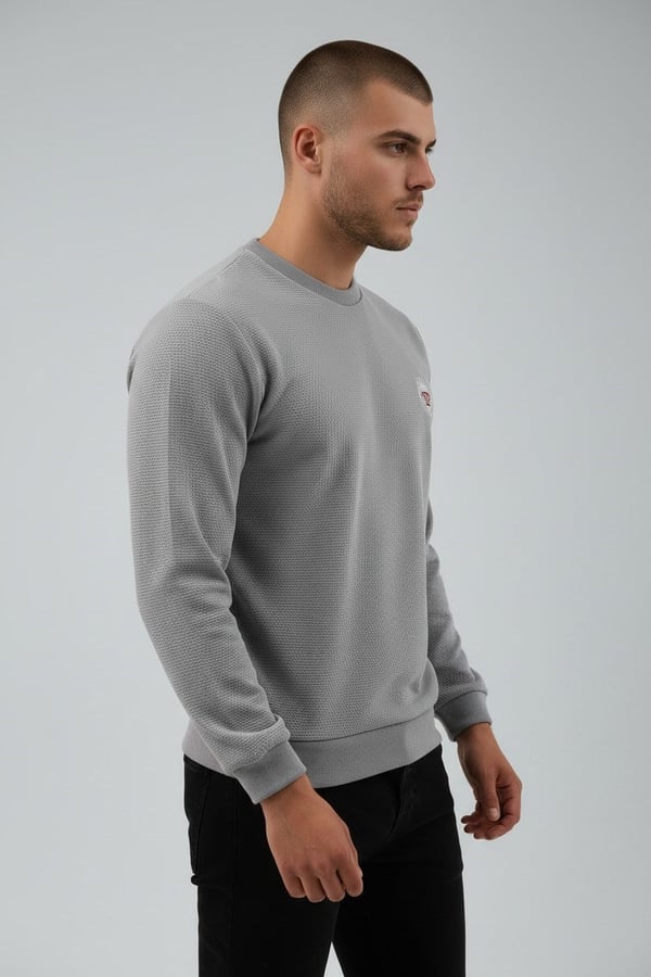 Erkek Gri Mare Jaker Kumaş Bisiklet Yaka Sweatshirt - 76566