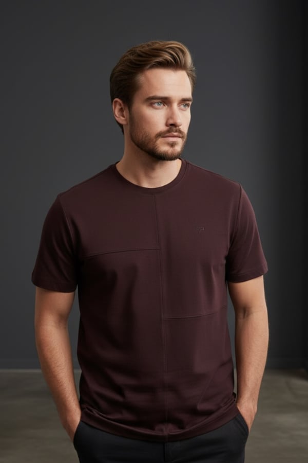 Erkek Bordo Oversize Bisiklet Yaka Normal ve Battal Beden T-Shirt - 172
