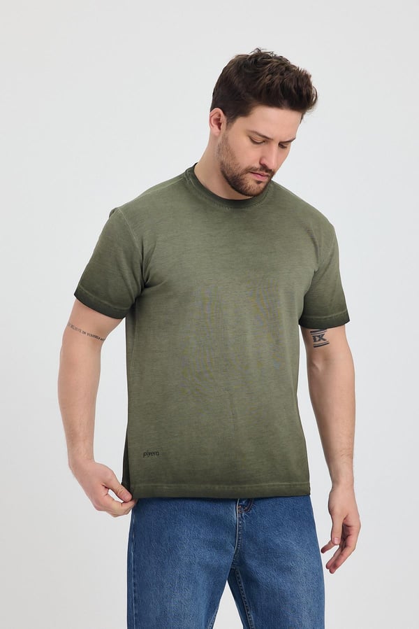 Erkek Haki Bisiklet Yaka Yıkamalı Basic T-shirt - 165