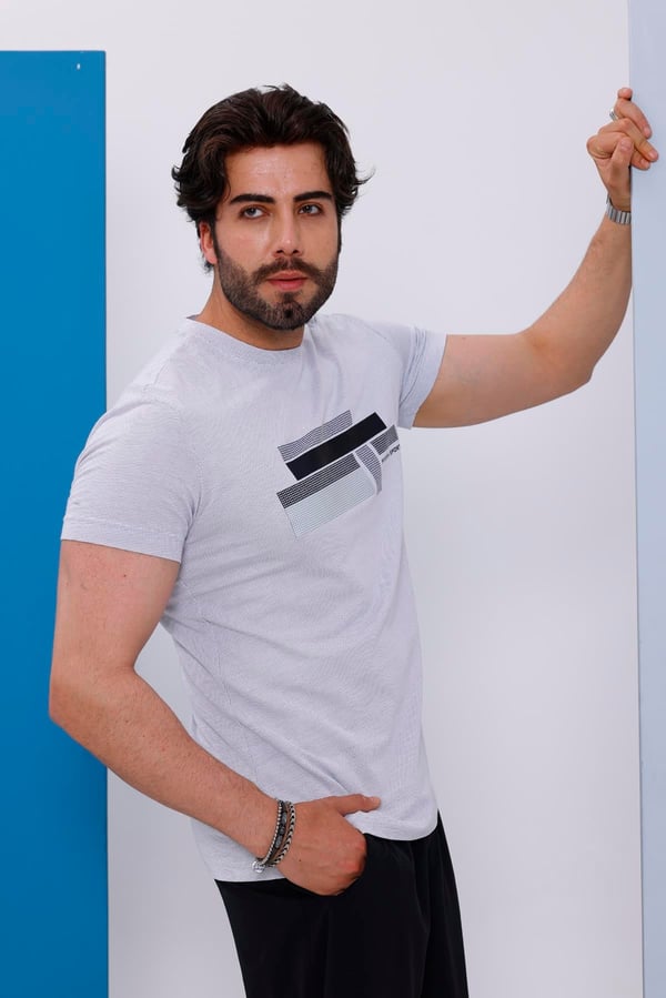 Erkek Beyaz Bisiklet Yaka Baskılı T-shirt - 170