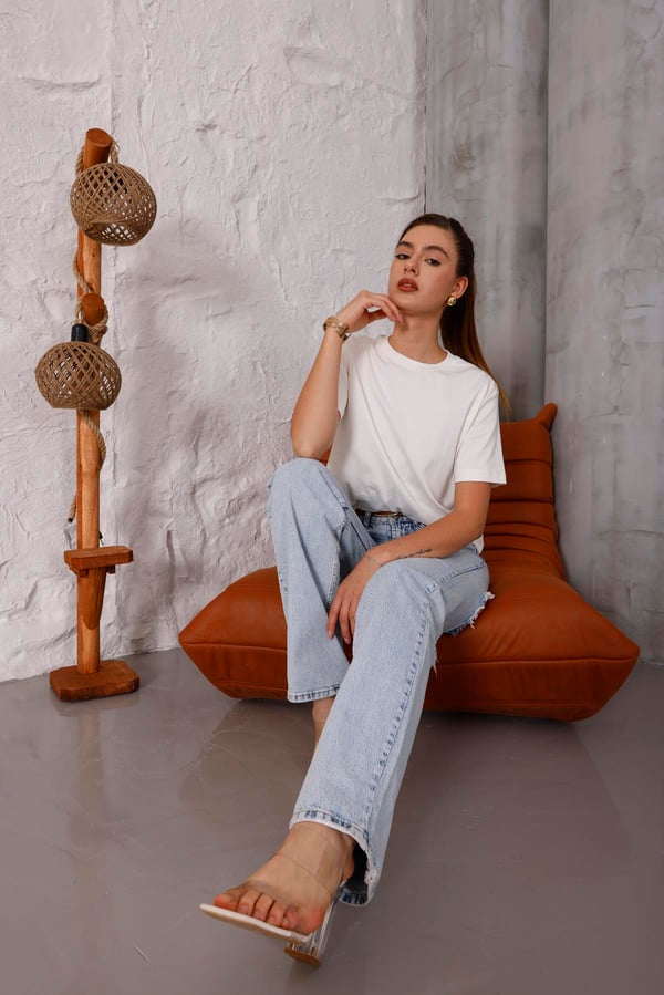 Kadın Ekru Bisiklet Yaka Basic T-shirt - 168