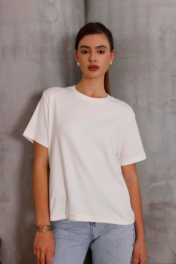 Kadın Ekru Bisiklet Yaka Basic T-shirt - 168