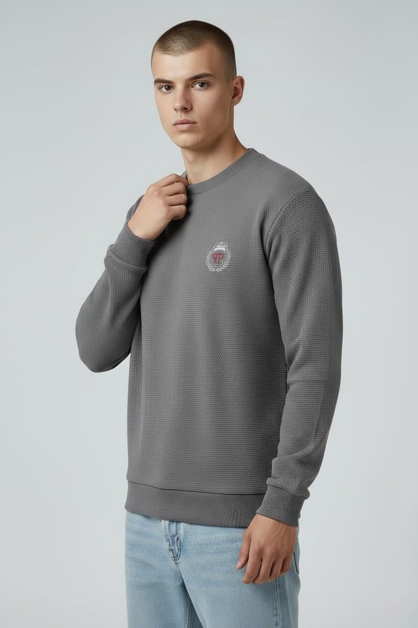 Erkek Koyu Gri Mare Jaker Kumaş Bisiklet Yaka Sweatshirt - 76566