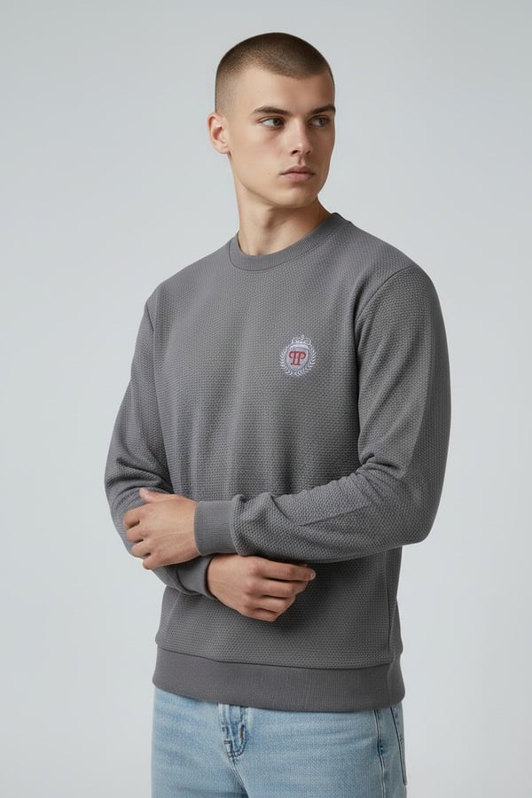 Erkek Koyu Gri Mare Jaker Kumaş Bisiklet Yaka Sweatshirt - 76566