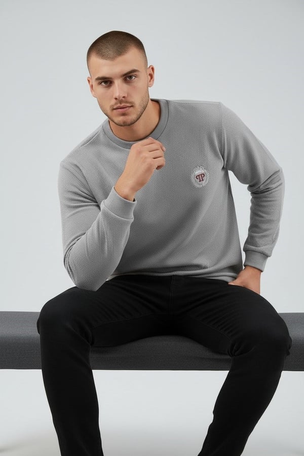 Erkek Gri Mare Jaker Kumaş Bisiklet Yaka Sweatshirt - 76566