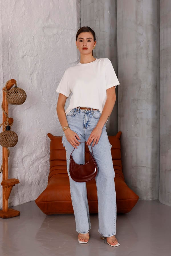 Kadın Ekru Bisiklet Yaka Basic T-shirt - 168