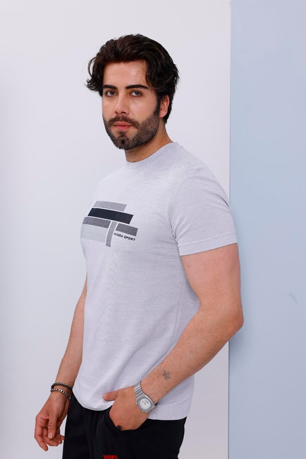 Erkek Beyaz Bisiklet Yaka Baskılı T-shirt - 170