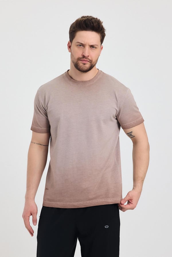 Erkek Kahverengi Bisiklet Yaka Yıkamalı Basic T-shirt - 165