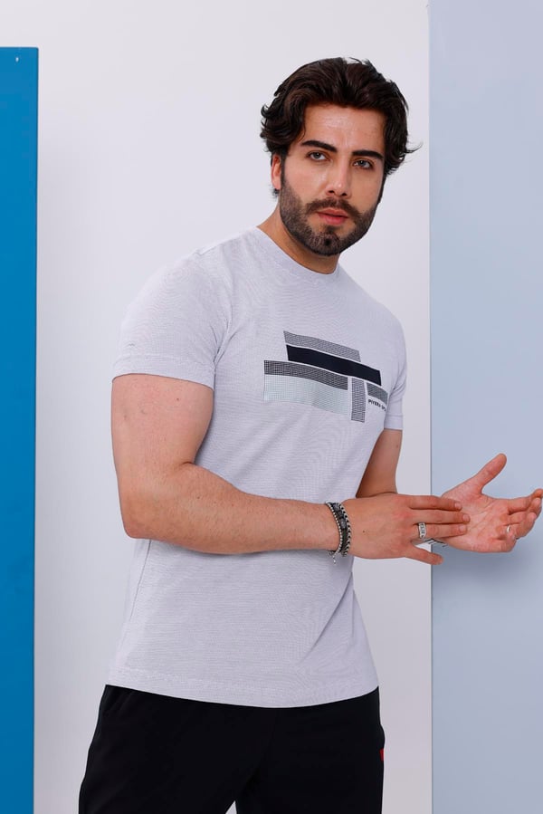 Erkek Beyaz Bisiklet Yaka Baskılı T-shirt - 170