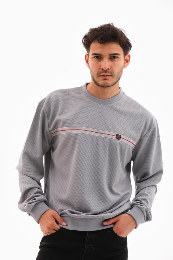 Erkek Açık Gri Renk Mare Jaker Kumaş - Bisiklet Yaka Uzun Kol, Gögüste Şerit Nakış Sweat - 7657