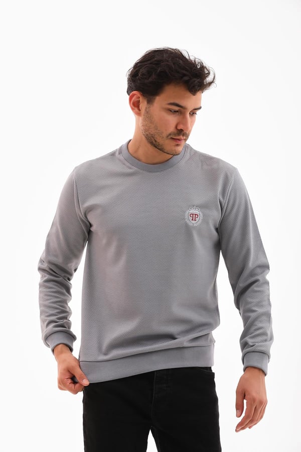 Erkek Açık Gri Renk Mare Jaker Kumaş, Bisiklet Yaka Uzun Kollu Üst Sweat - 7656