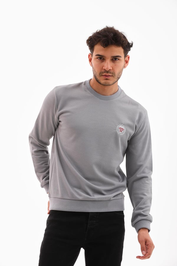 Erkek Açık Gri Renk Mare Jaker Kumaş, Bisiklet Yaka Uzun Kollu Üst Sweat - 7656