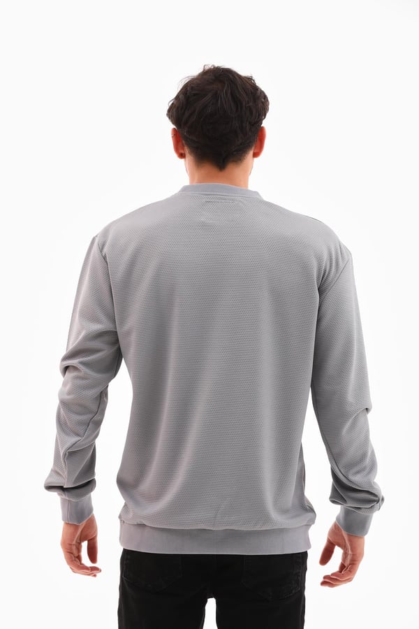 Erkek Açık Gri Renk Mare Jaker Kumaş - Bisiklet Yaka Uzun Kol, Gögüste Şerit Nakış Sweat - 7657