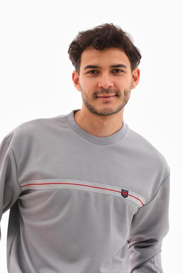 Erkek Açık Gri Renk Mare Jaker Kumaş - Bisiklet Yaka Uzun Kol, Gögüste Şerit Nakış Sweat - 7657