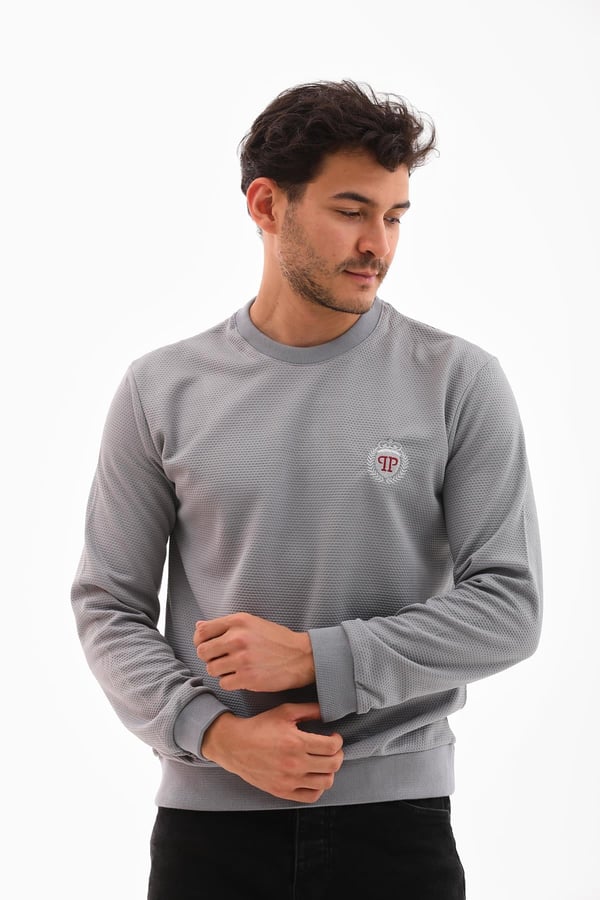 Erkek Açık Gri Renk Mare Jaker Kumaş, Bisiklet Yaka Uzun Kollu Üst Sweat - 7656