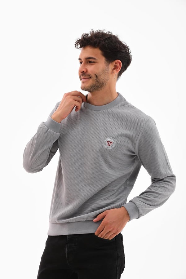 Erkek Açık Gri Renk Mare Jaker Kumaş, Bisiklet Yaka Uzun Kollu Üst Sweat - 7656