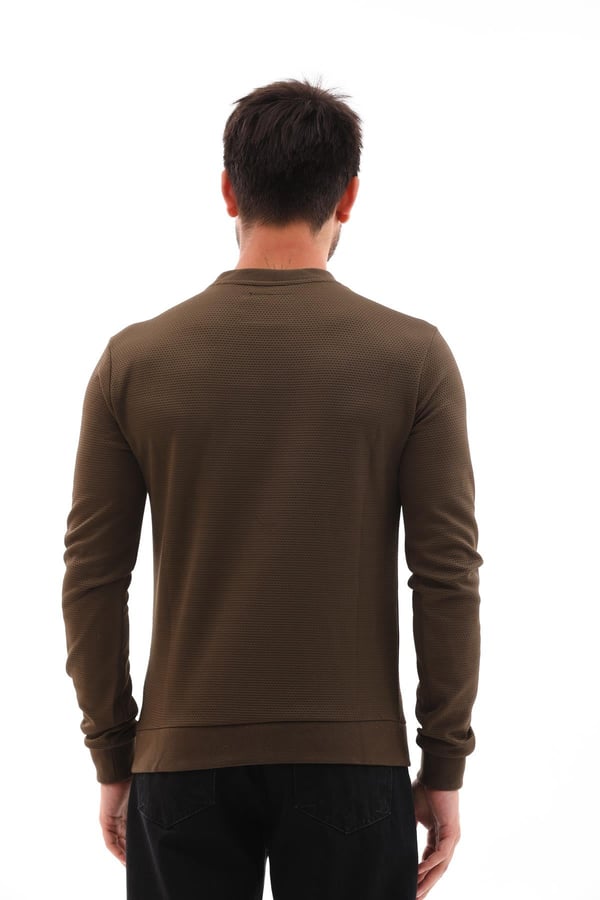 Erkek Haki Renk Mare Jaker Kumaş - Bisiklet Yaka Uzun Kol, Gögüste Şerit Nakış Sweat - 7657