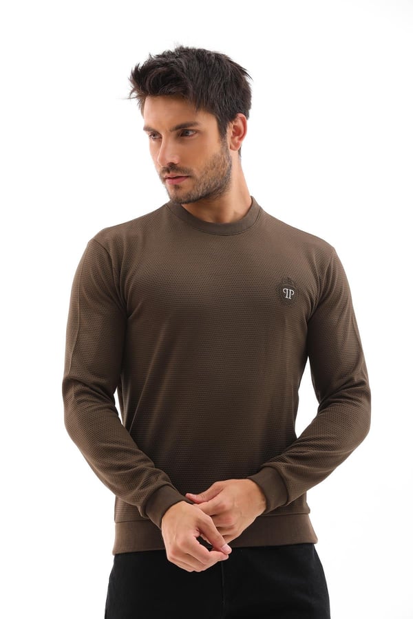 Erkek Haki Renk Mare Jaker Kumaş, Bisiklet Yaka Uzun Kollu Üst Sweat - 7656