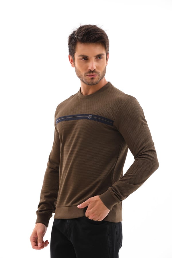 Erkek Haki Renk Mare Jaker Kumaş - Bisiklet Yaka Uzun Kol, Gögüste Şerit Nakış Sweat - 7657
