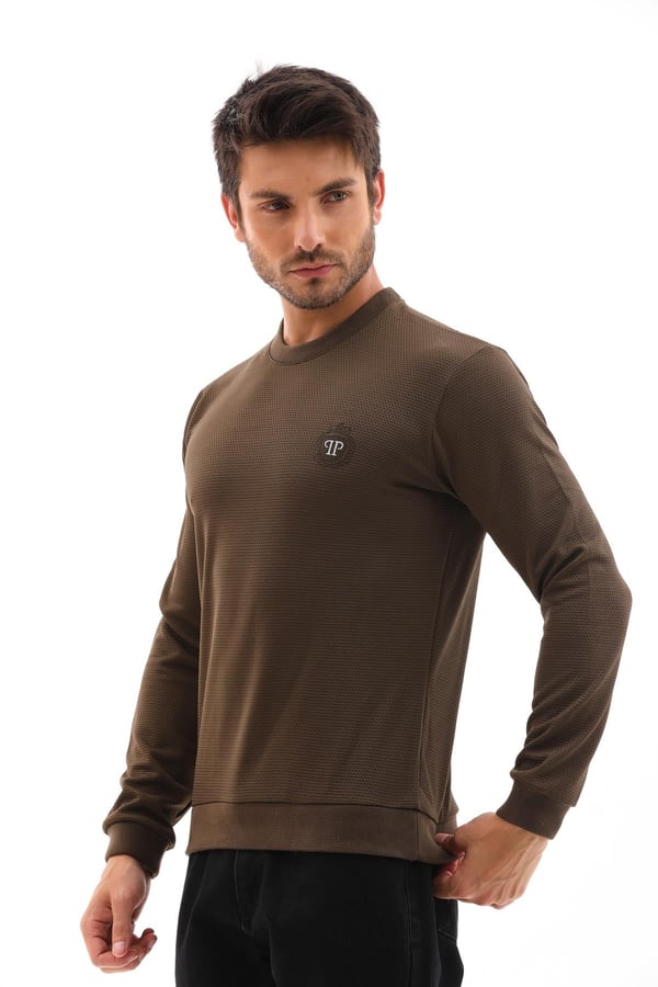 Erkek Haki Renk Mare Jaker Kumaş, Bisiklet Yaka Uzun Kollu Üst Sweat - 7656